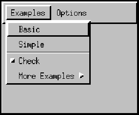 Diagram of MenuBar containing 2 menus: Examples and Options. Examples
menu is expanded showing items: Basic, Simple, Check, and More Examples.